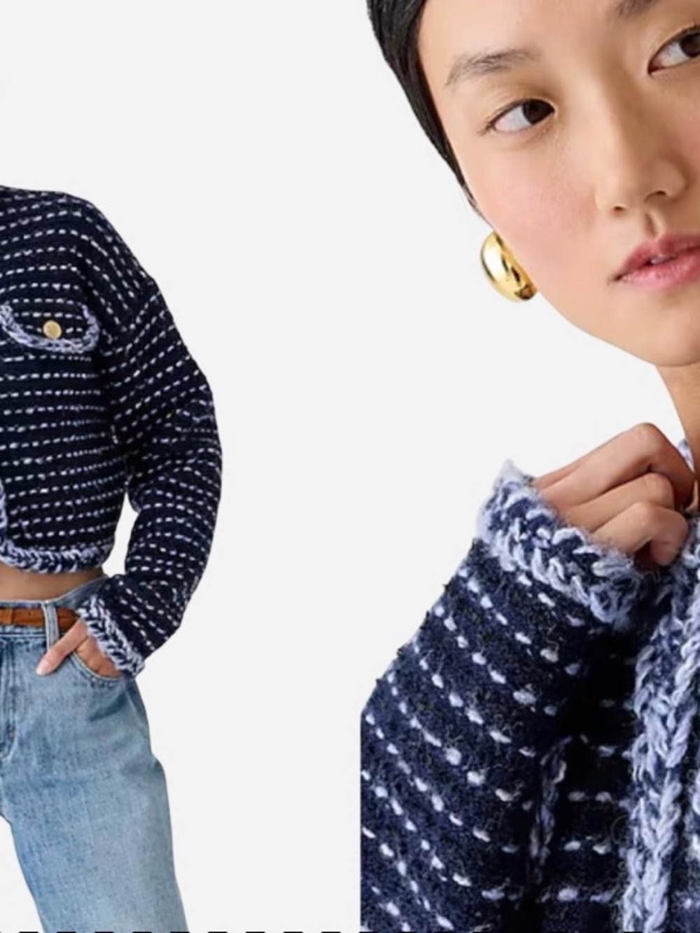J. Crew Lady Jacket Navy & White Cropped Textured Knit Cardigan